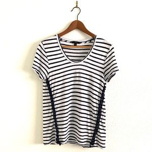 J Crew Striped V-Neck with Pom Pom Trim Linen Tee